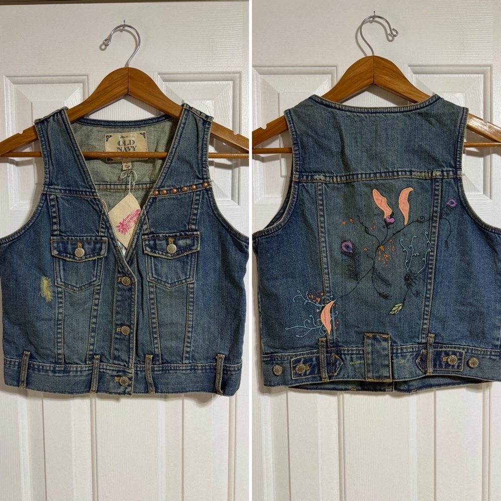 NWT vintage Old Navy denim jean boho feather distressed vest Medium 8 girls